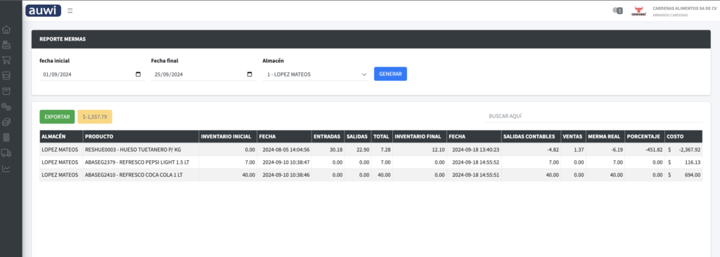Reporte de mermas en auwi 3.0